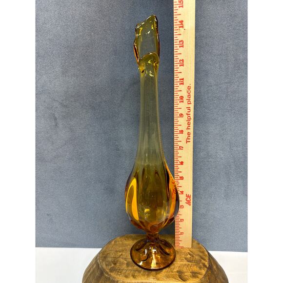 Vtg Viking Glass Amber Swung Bud Vase 6 Petal Footed Ribbed Gold Art Glass 14.5” - Picture 5 of 7